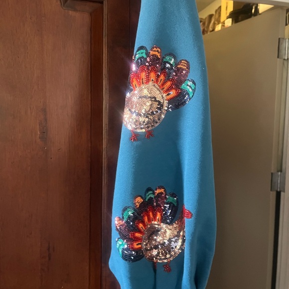 Queen of Sparkles Teal Sequin Turkey Sweatshirt - Picture 7 of 7